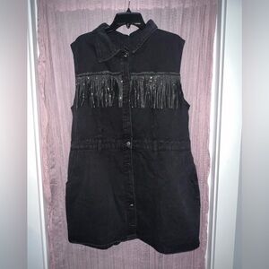Black Sleeveless Denim Dress with Beaded Detail